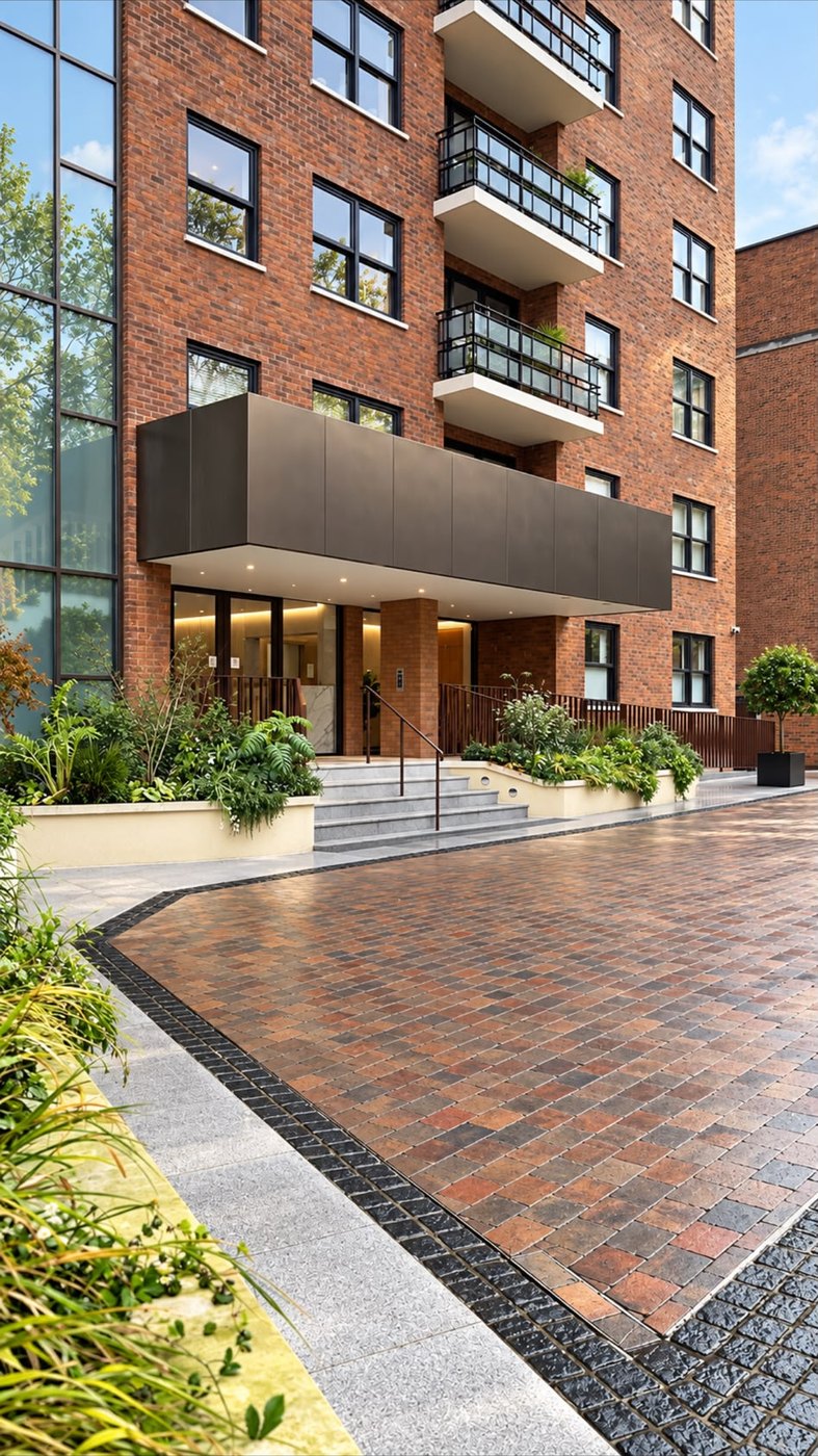 Entrance, canopy and landscaping